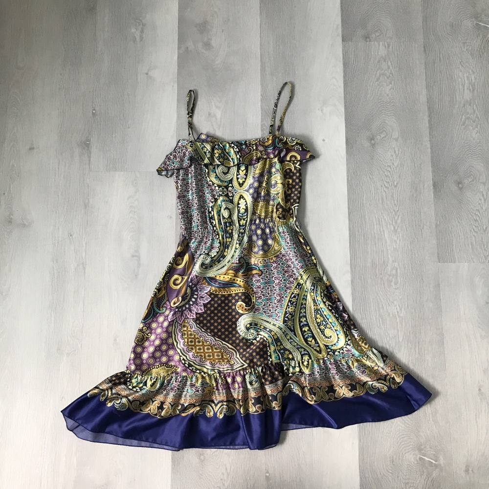 MANGO SUMMER DRESS SATIN PAISLEY PRINT ELASTIC WAIST WOMENS 4
